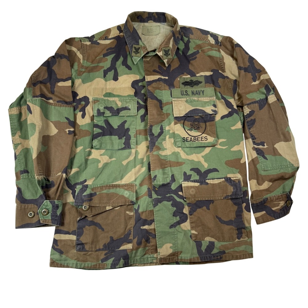 US Navy Seabees Woodland Camo BDU Jacket Large Regular American Apparel Men's